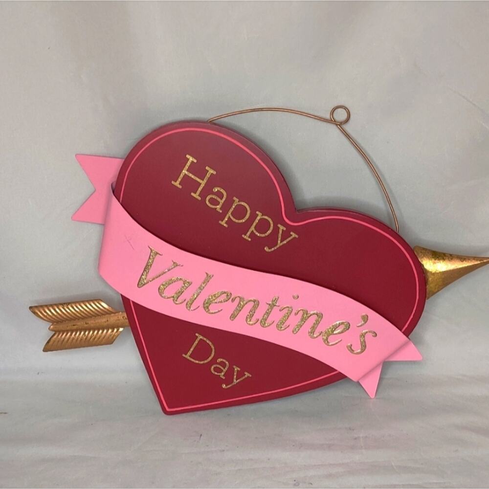 Happy Valentines Day Heart Arrow Wood Wall Decor Red Pink Gold Glitter Sign - Picture 13 of 14